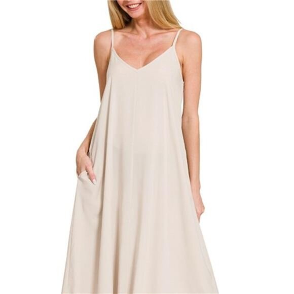 Zenana Woven Arc Hem Cami Dress With Flowy Pockets - Picture 2 of 3